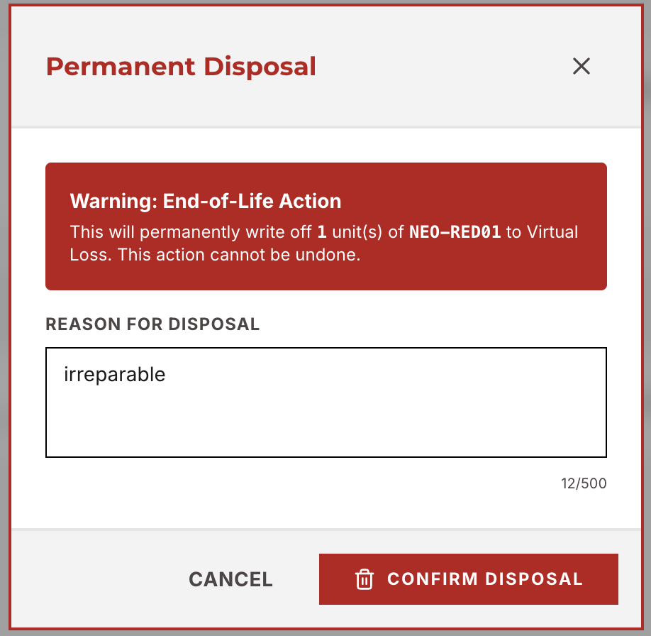 6.3-B — Dispose modal and confirmation