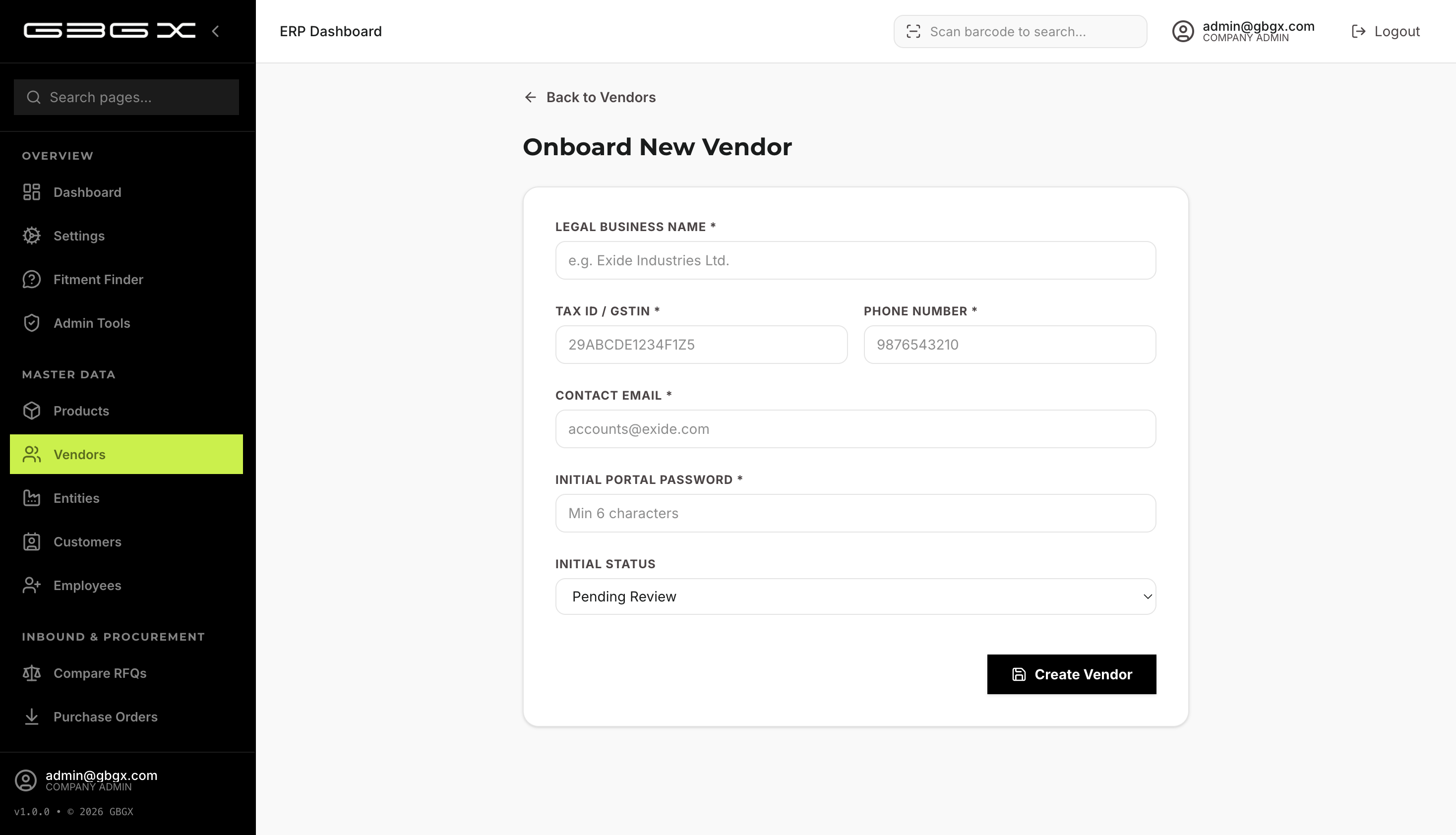 1.2-A — Onboard Vendor form